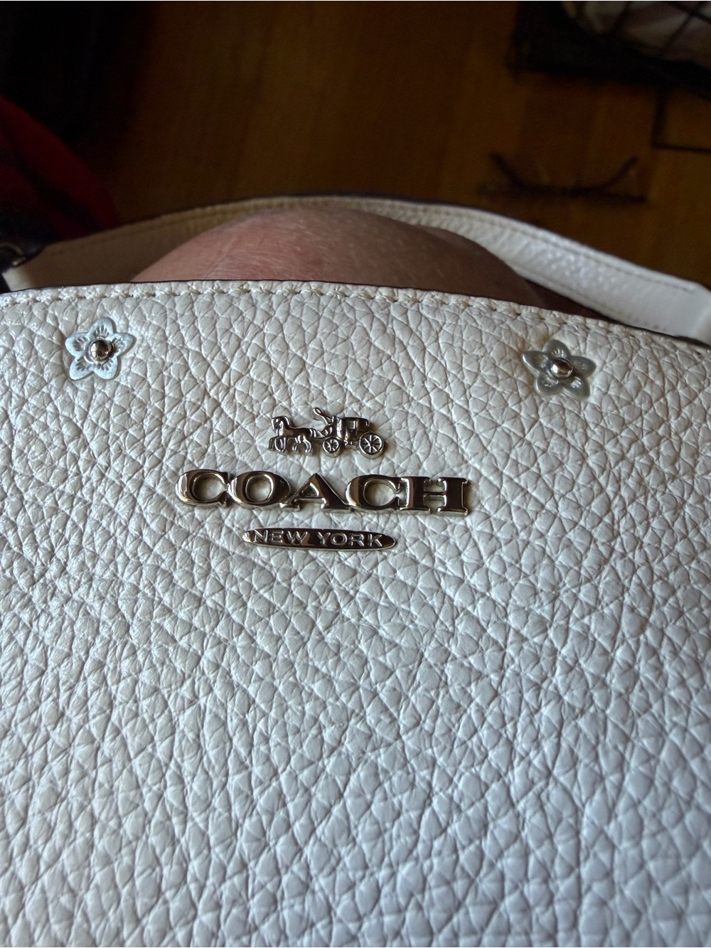 Coach White Pebbled Leather Shoulder Bag with Floral Studs